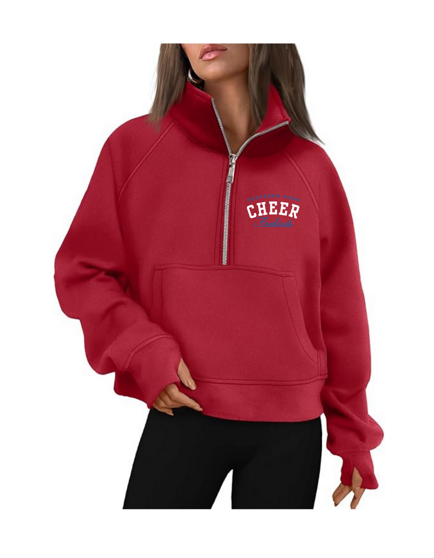 Half Zip Cropped Pullover Red Embroidered