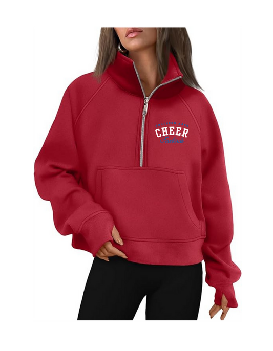 Half Zip Cropped Pullover Red Embroidered