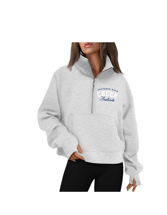 Half Zip Cropped Pullover Grey Embroidered