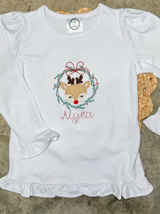 Reindeer Applique Long Sleeve Ruffle Shirt