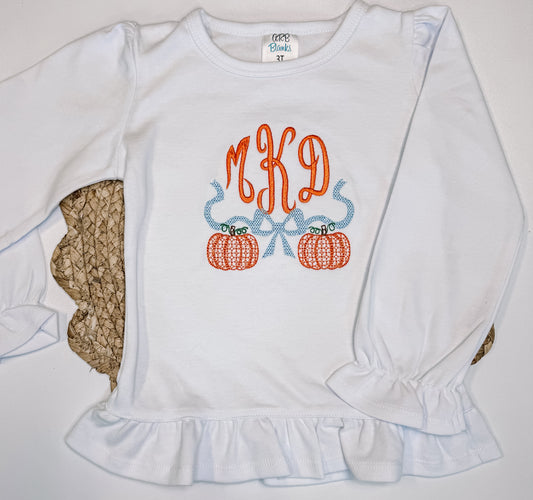 Pumpkin Bow Monogram Crest Long Sleeve Ruffle Shirt