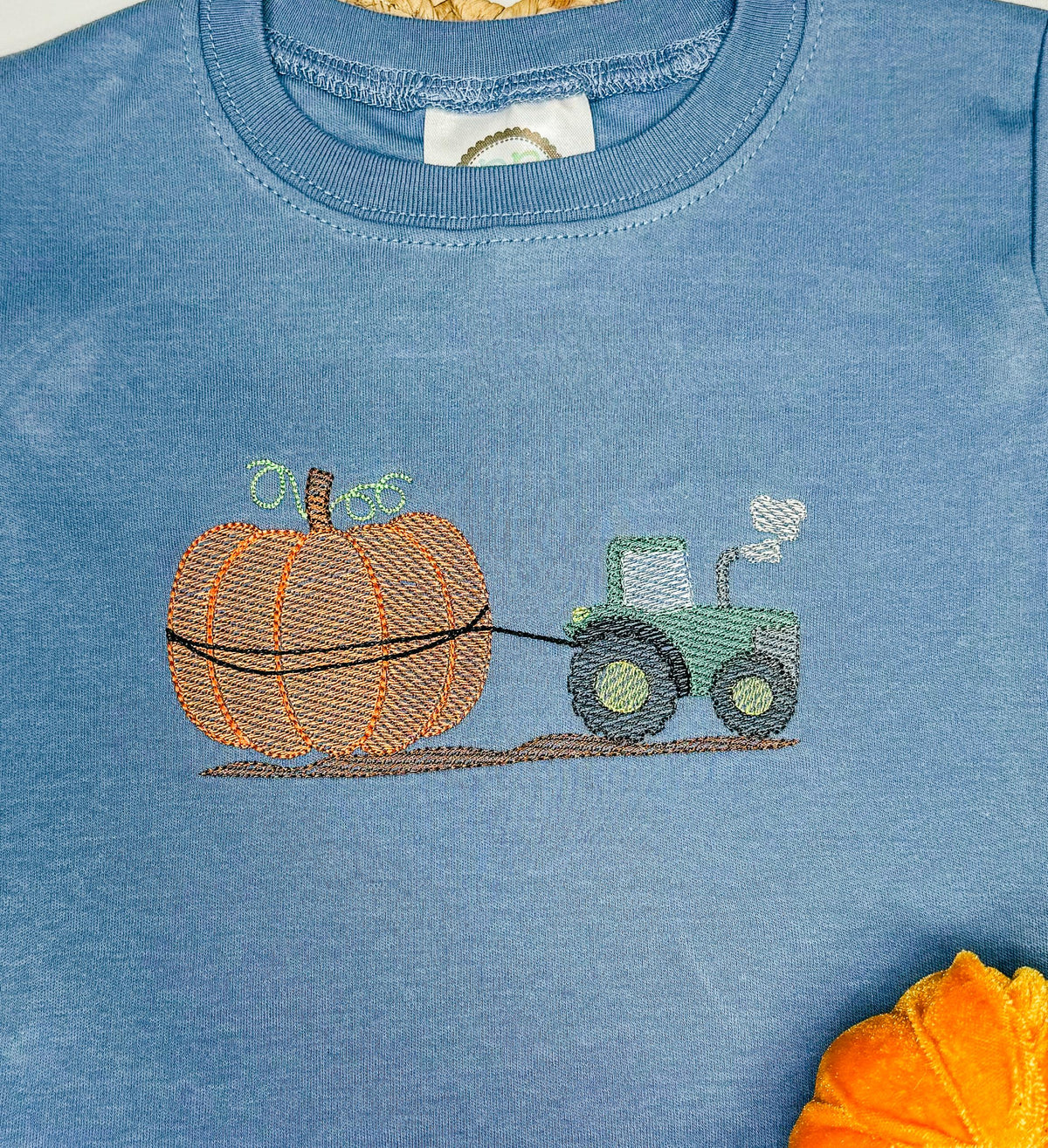 Tractor Pulling Pumpkin Embroidered Boy Short Sleeve Fall Shirt